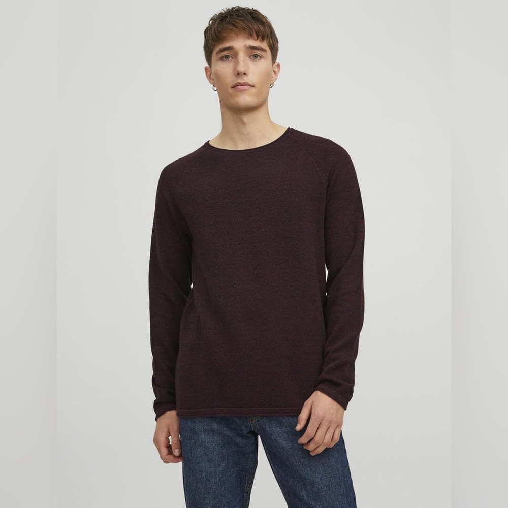 Jack Jones Vintage Raw Edge Crew Neck Knitted Sweater Burgundy